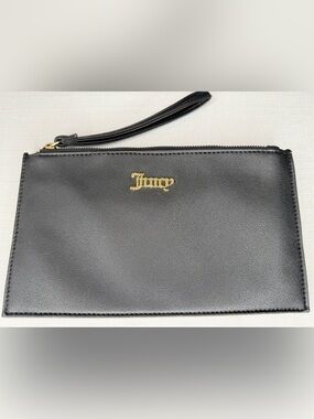 Juicy Couture Black Faux Leather Wristlet Clutch with Gold Logo Pouch